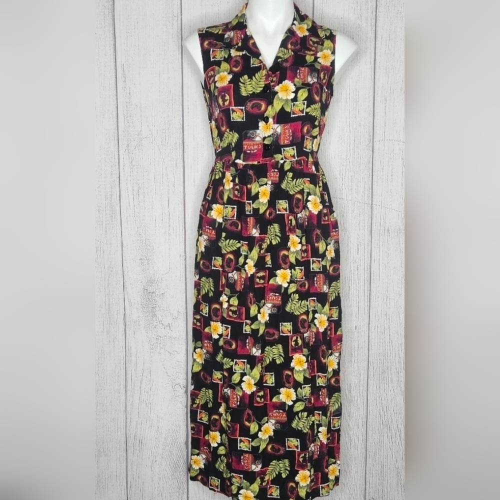 VTG 90s Tourist Floral Foliage Sleeveless Shirt Dress, size M